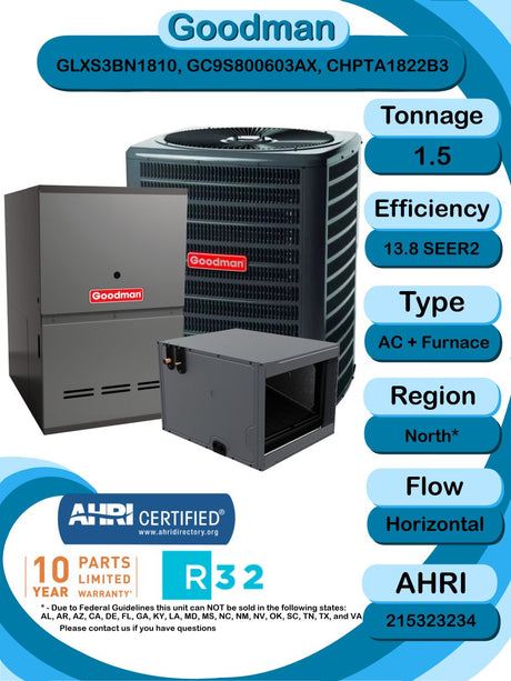 Goodman 1.5 TON 13.8 SEER2 Horizontal R - 32 AC System with 80% AFUE 60k BTU Low NOx furnace (GLXS3BN1810 condenser with GC9S800603AX furnace and CHPTA1822B3 coil)