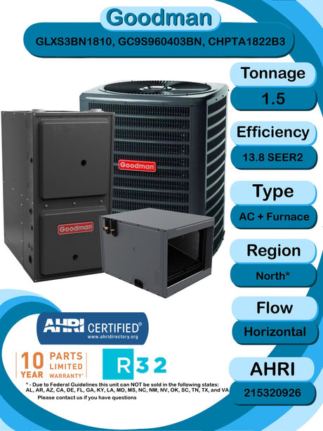 Goodman 1.5 TON 13.8 SEER2 Horizontal R - 32 AC System with 96% AFUE 40k BTU Low NOx furnace (GLXS3BN1810 condenser with GC9S960403BN furnace and CHPTA1822B3 coil)