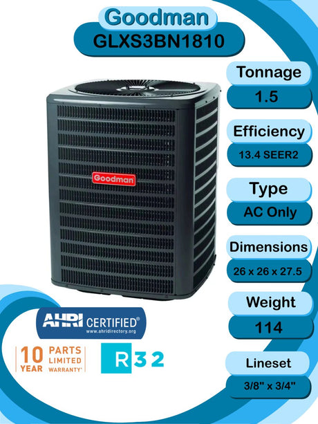 Goodman 1.5 TON 13.8 SEER2 Horizontal R - 32 AC System with 96% AFUE 40k BTU two stage Low NOx furnace (GLXS3BN1810 condenser with GC9C960403BN furnace and CHPTA1822B3 coil)