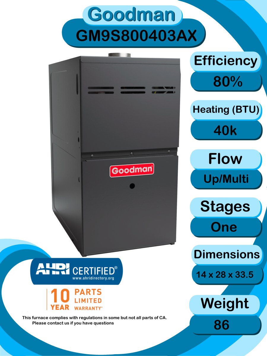 Goodman 1.5 TON 13.8 SEER2 Upflow R - 32 AC System with 80% AFUE 40k BTU Low NOx furnace (GLXS3BN1810 condenser with GM9S800403AX furnace and CAPFA1818B3 coil)