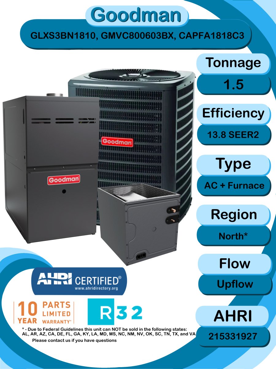 Goodman 1.5 TON 13.8 SEER2 Upflow R - 32 AC System with 80% AFUE 60k BTU two stage Low NOx furnace (GLXS3BN1810 condenser with GMVC800603BX furnace and CAPFA1818C3 coil)