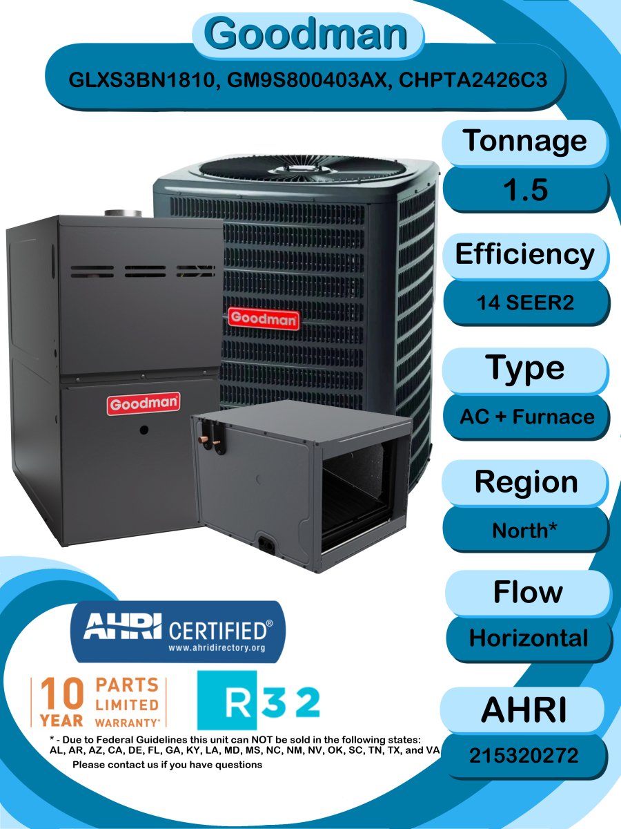 Goodman 1.5 TON 14 SEER2 Horizontal R - 32 AC System with 80% AFUE 40k BTU Low NOx furnace (GLXS3BN1810 condenser with GM9S800403AX furnace and CHPTA2426C3 coil)