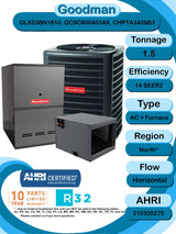 Goodman 1.5 TON 14 SEER2 Horizontal R - 32 AC System with 80% AFUE 40k BTU two stage Low NOx furnace (GLXS3BN1810 condenser with GC9C800403AX furnace and CHPTA2426B3 coil)