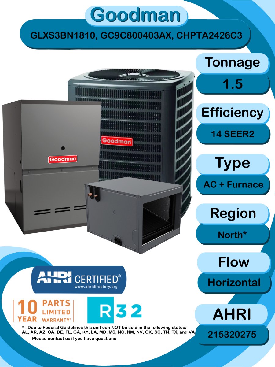 Goodman 1.5 TON 14 SEER2 Horizontal R - 32 AC System with 80% AFUE 40k BTU two stage Low NOx furnace (GLXS3BN1810 condenser with GC9C800403AX furnace and CHPTA2426C3 coil)