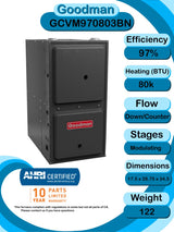 Goodman 1.5 TON 14 SEER2 Horizontal R - 32 AC System with 97% AFUE 80k BTU modulating Low NOx furnace (GLXS3BN1810 condenser with GCVM970803BN furnace and CHPTA1822A3 coil)