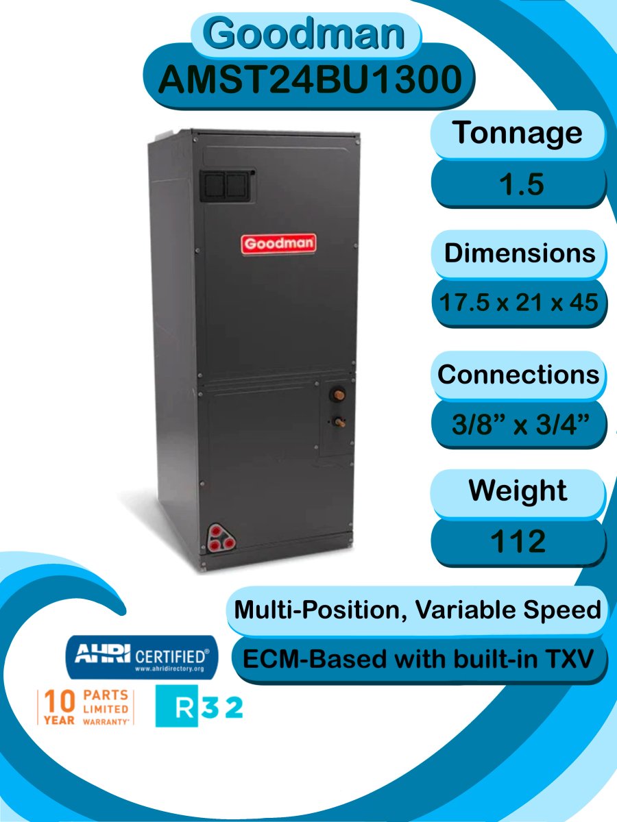 Goodman 1.5 TON 14 SEER2 Multi - Position R - 32 AC Only System with air handler (GLXS3BN1810 condenser and AMST24BU1300 air handler)