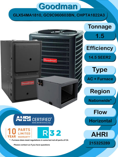 Goodman 1.5 TON 14.5 SEER2 Horizontal R - 32 AC System with 96% AFUE 60k BTU two stage Low NOx furnace (GLXS4MA1810 condenser with GC9C960603BN furnace and CHPTA1822A3 coil)