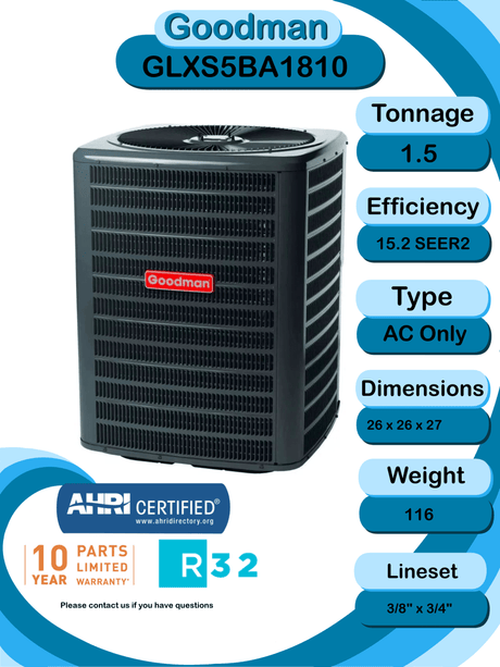 Goodman 1.5 ton 15.2 SEER2 AC Only System with multi - position air handler (GLXS5BA1810 AMST24BU1300)