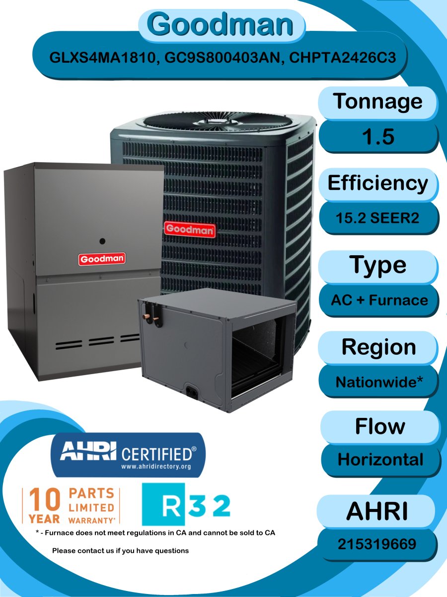 Goodman 1.5 TON 15.2 SEER2 Horizontal R - 32 AC System with 80% AFUE 40k BTU furnace (GLXS4MA1810 condenser with GC9S800403AN furnace and CHPTA2426C3 coil)