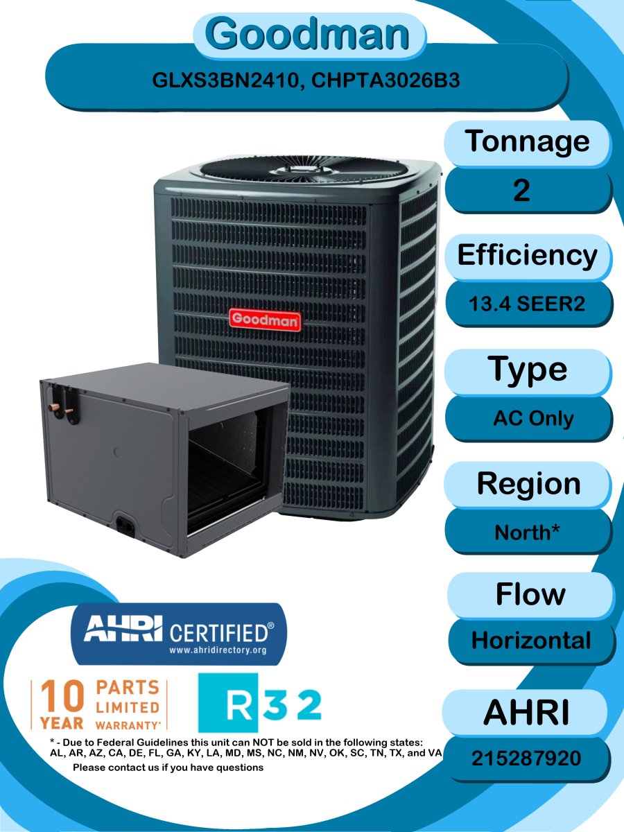 Goodman 2 TON 13.4 SEER2 R - 32 AC Only System with Horizontal coil (GLXS3BN2410 condenser and CHPTA3026B3 coil)