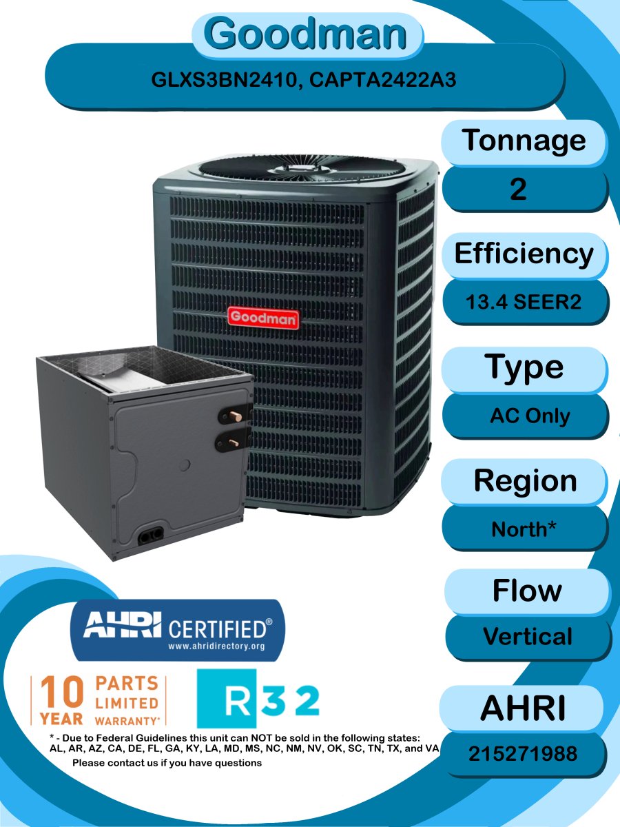 Goodman 2 TON 13.4 SEER2 R - 32 AC Only System with Vertical coil (GLXS3BN2410 condenser and CAPTA2422A3 coil)