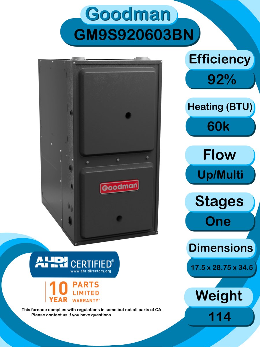Goodman 2 TON 13.5 SEER2 Upflow R - 32 AC System with 92% AFUE 60k BTU Low NOx furnace (GLXS3BN2410 condenser with GM9S920603BN furnace and CAPFA2422B3 coil)