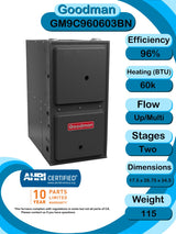 Goodman 2 TON 13.5 SEER2 Upflow R - 32 AC System with 96% AFUE 60k BTU two stage Low NOx furnace (GLXS3BN2410 condenser with GM9C960603BN furnace and CAPFA2422C3 coil)