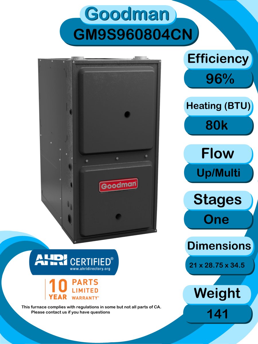 Goodman 2 TON 13.8 SEER2 Upflow R - 32 AC System with 96% AFUE 80k BTU Low NOx furnace (GLXS3BN2410 condenser with GM9S960804CN furnace and CAPFA3022D3 coil)