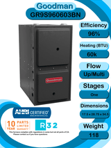 Goodman 2 ton 14 SEER2 Complete Split System with upflow coil and single stage 96% AFUE 60k BTU furnace (GLXS3BN2410 CAPTA3022B3 GR9S960603BN)