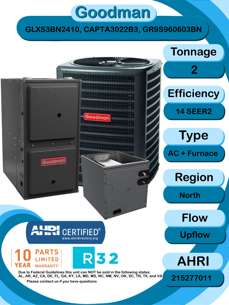 Goodman 2 ton 14 SEER2 Complete Split System with upflow coil and single stage 96% AFUE 60k BTU furnace (GLXS3BN2410 CAPTA3022B3 GR9S960603BN)
