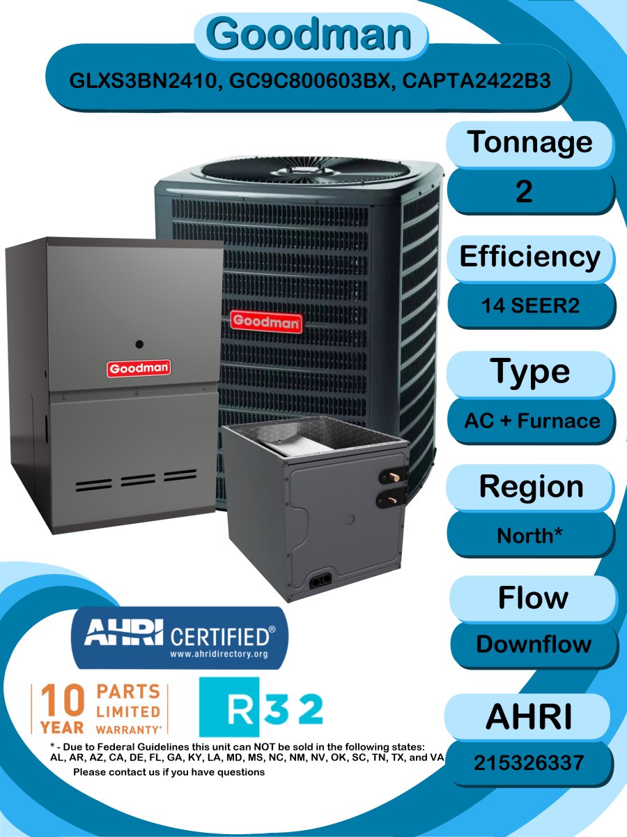 Goodman 2 TON 14 SEER2 Downflow R - 32 AC System with 80% AFUE 60k BTU two stage Low NOx furnace (GLXS3BN2410 condenser with GC9C800603BX furnace and CAPTA2422B3 coil)