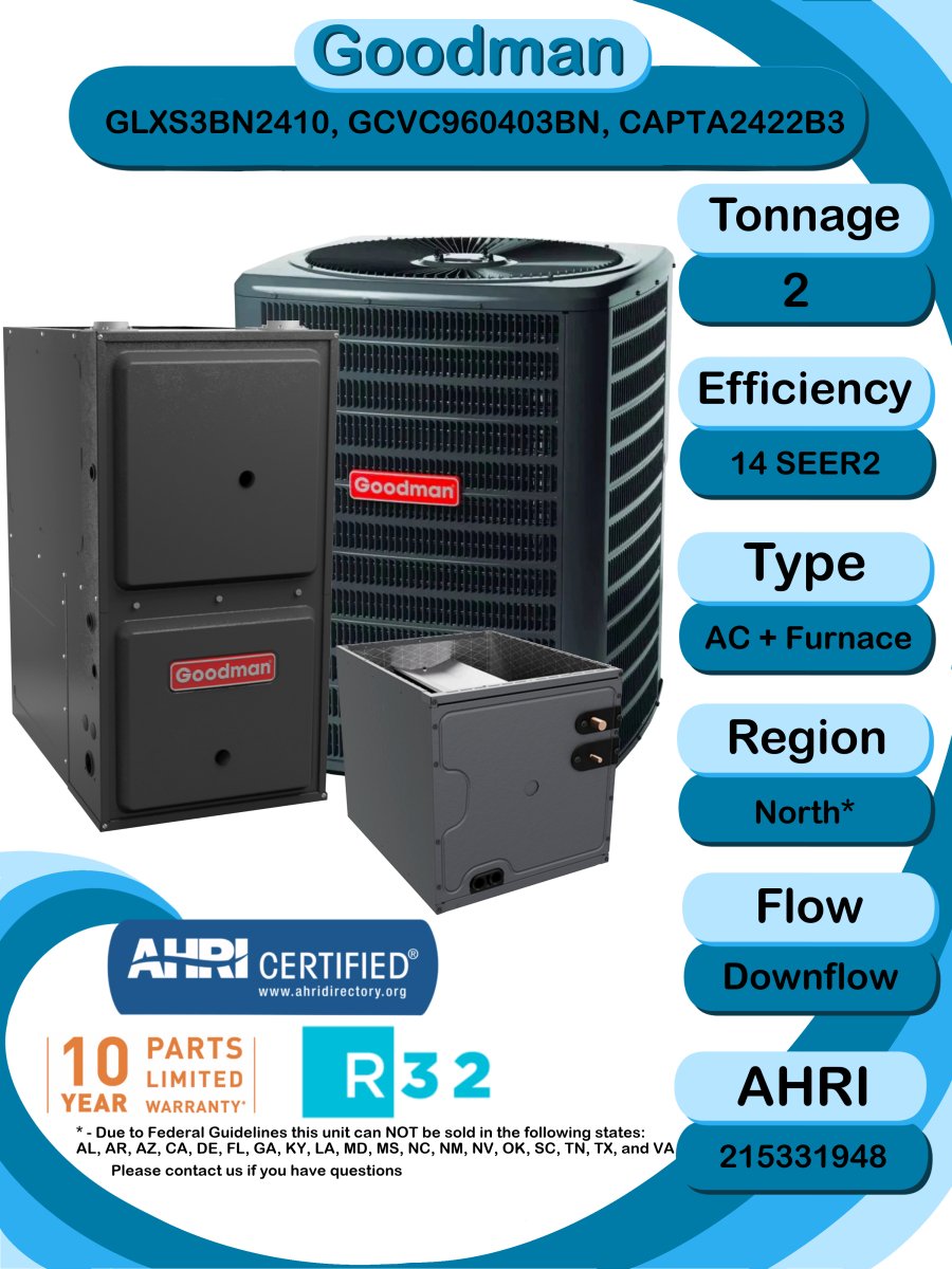 Goodman 2 TON 14 SEER2 Downflow R - 32 AC System with 96% AFUE 40k BTU two stage Low NOx furnace (GLXS3BN2410 condenser with GCVC960403BN furnace and CAPTA2422B3 coil)