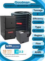 Goodman 2 TON 14.5 SEER2 Upflow R - 32 AC System with 96% AFUE 60k BTU Low NOx furnace (GLXS4MA2410 condenser with GM9S960603BN furnace and CAPTA2422C3 coil)