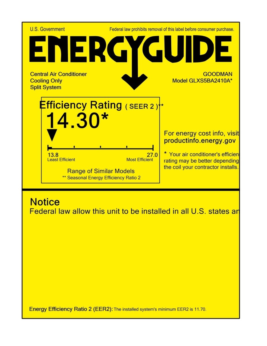 Goodman 2 ton 15.2 SEER2 AC Only System with multi - position air handler (GLXS5BA2410 AMST30BU1300)