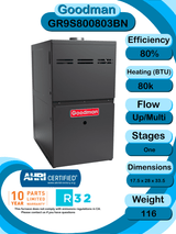 Goodman 2 ton 15.2 SEER2 Complete Split System with upflow coil and single stage 80% AFUE 80k BTU furnace (GLXS4BA2410 CAPTA2422B3 GR9S800803BN)
