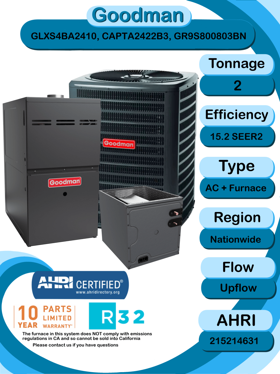 Goodman 2 ton 15.2 SEER2 Complete Split System with upflow coil and single stage 80% AFUE 80k BTU furnace (GLXS4BA2410 CAPTA2422B3 GR9S800803BN)