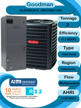 Goodman 2 TON 15.2 SEER2 Multi - Position R - 32 Heat Pump System with air handler (GLZS4BA2410 condenser and AMST30BU1300 air handler)