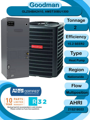 Goodman 2 TON 15.2 SEER2 Multi - Position R - 32 Heat Pump System with air handler (GLZS4BA2410 condenser and AMST30BU1300 air handler)