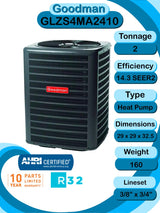 Goodman 2 TON 15.2 SEER2 R - 32 Heat Pump System and Front return air handler with 5kW heat kit (GLZS4MA2410 condenser and AWST30LU1305 air handler)