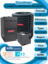 Goodman 2 TON 15.2 SEER2 Upflow R - 32 AC System with 80% AFUE 80k BTU two stage furnace (GLXS4MA2410 condenser with GM9C800804CN furnace and CAPTA3022B3 coil)