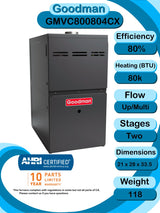 Goodman 2 TON 15.2 SEER2 Upflow R - 32 AC System with 80% AFUE 80k BTU two stage Low NOx furnace (GLXS4MA2410 condenser with GMVC800804CX furnace and CAPTA3022A3 coil)