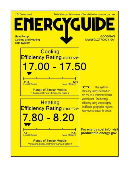 Goodman 2 ton 17.5 SEER2 Heat Pump System with multi - position air handler (GLZT7CA2410 AMVT30BP1300)