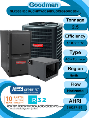 Goodman 2.5 ton 13.8 SEER2 Complete Split System with horizontal coil and single stage 96% AFUE 60k BTU furnace (GLXS3BN3010 CHPTA3026B3 GR9S960603BN)