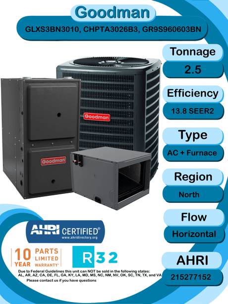 Goodman 2.5 ton 13.8 SEER2 Complete Split System with horizontal coil and single stage 96% AFUE 60k BTU furnace (GLXS3BN3010 CHPTA3026B3 GR9S960603BN)