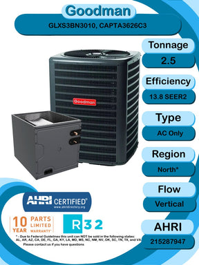 Goodman 2.5 TON 13.8 SEER2 R - 32 AC Only System with Vertical coil (GLXS3BN3010 condenser and CAPTA3626C3 coil)