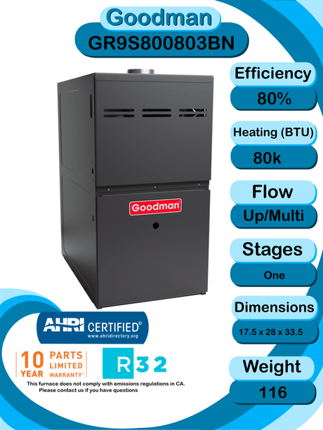 Goodman 2.5 ton 14 SEER2 Complete Split System with upflow coil and single stage 80% AFUE 80k BTU furnace (GLXS3BN3010 CAPTA3026B3 GR9S800803BN)