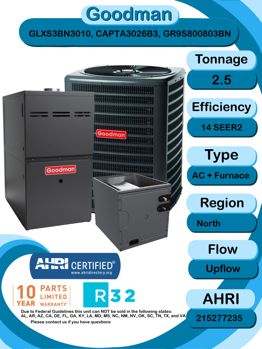 Goodman 2.5 ton 14 SEER2 Complete Split System with upflow coil and single stage 80% AFUE 80k BTU furnace (GLXS3BN3010 CAPTA3026B3 GR9S800803BN)