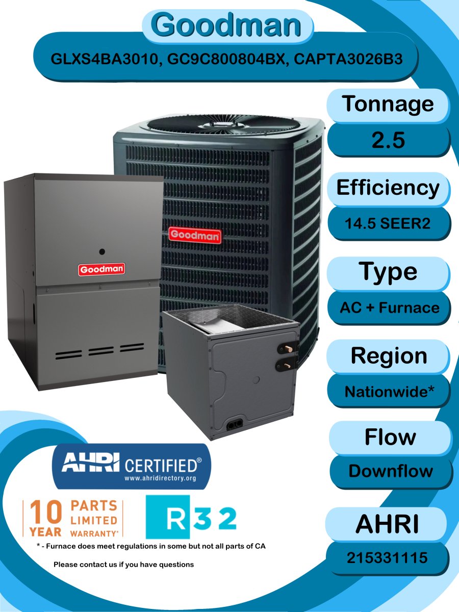 Goodman 2.5 TON 14.5 SEER2 Downflow R - 32 AC System with 80% AFUE 80k BTU two stage Low NOx furnace (GLXS4BA3010 condenser with GC9C800804BX furnace and CAPTA3026B3 coil)