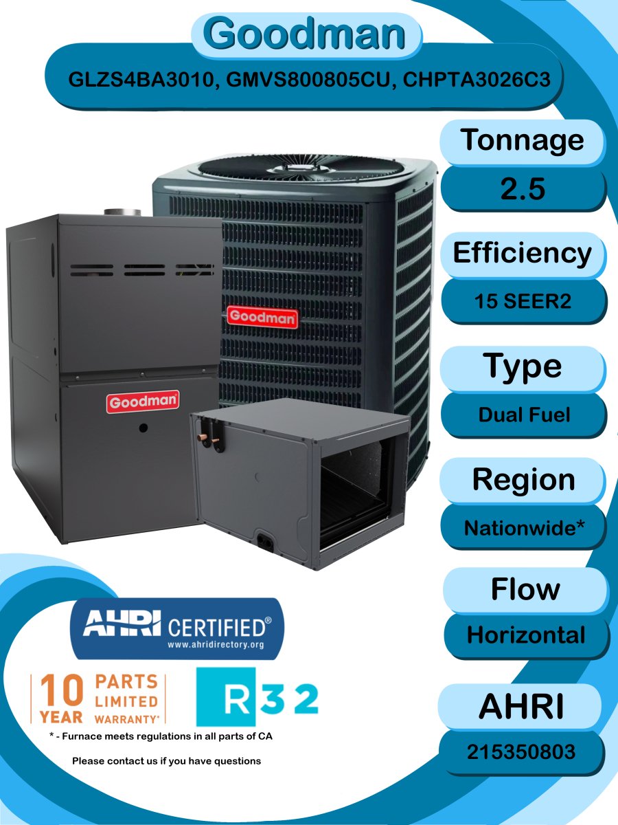 Goodman 2.5 TON 15 SEER2 Horizontal R - 32 Heat Pump System with 80% AFUE 80k BTU Ultra - Low NOx furnace (GLZS4BA3010 condenser with GMVS800805CU furnace and CHPTA3026C3 coil)