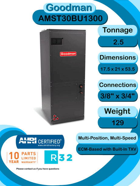Goodman 2.5 ton 15.2 SEER2 AC Only System with multi - position air handler (GLXS5BA3010 AMST30BU1300)