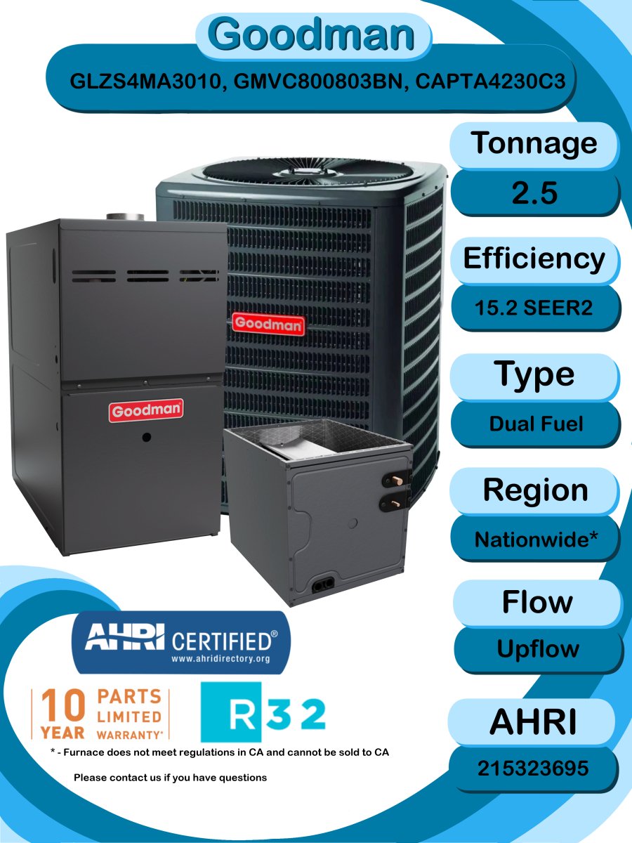 Goodman 2.5 TON 15.2 SEER2 Upflow R - 32 Heat Pump System with 80% AFUE 80k BTU two stage furnace (GLZS4MA3010 condenser with GMVC800803BN furnace and CAPTA4230C3 coil)