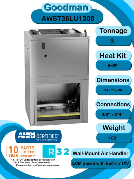 Goodman 3 TON 14.5 SEER2 R - 32 Heat Pump System and Front return air handler with 8kW heat kit (GLZS4MA3610 condenser and AWST36LU1308 air handler)