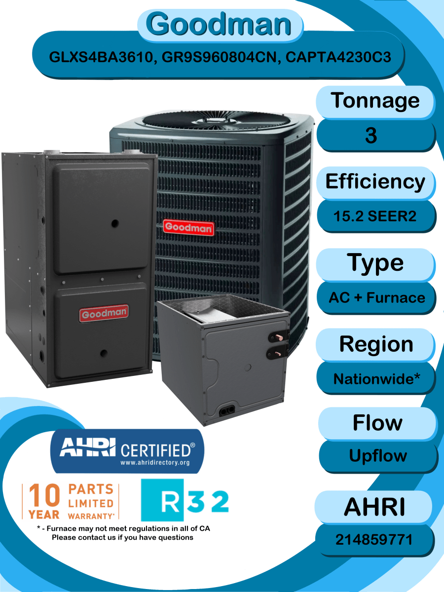 Goodman 3 ton 15.2 SEER2 Complete Split System with upflow coil and single stage 96% AFUE 80k BTU furnace (GLXS4BA3610 CAPTA4230C3 GR9S960804CN)