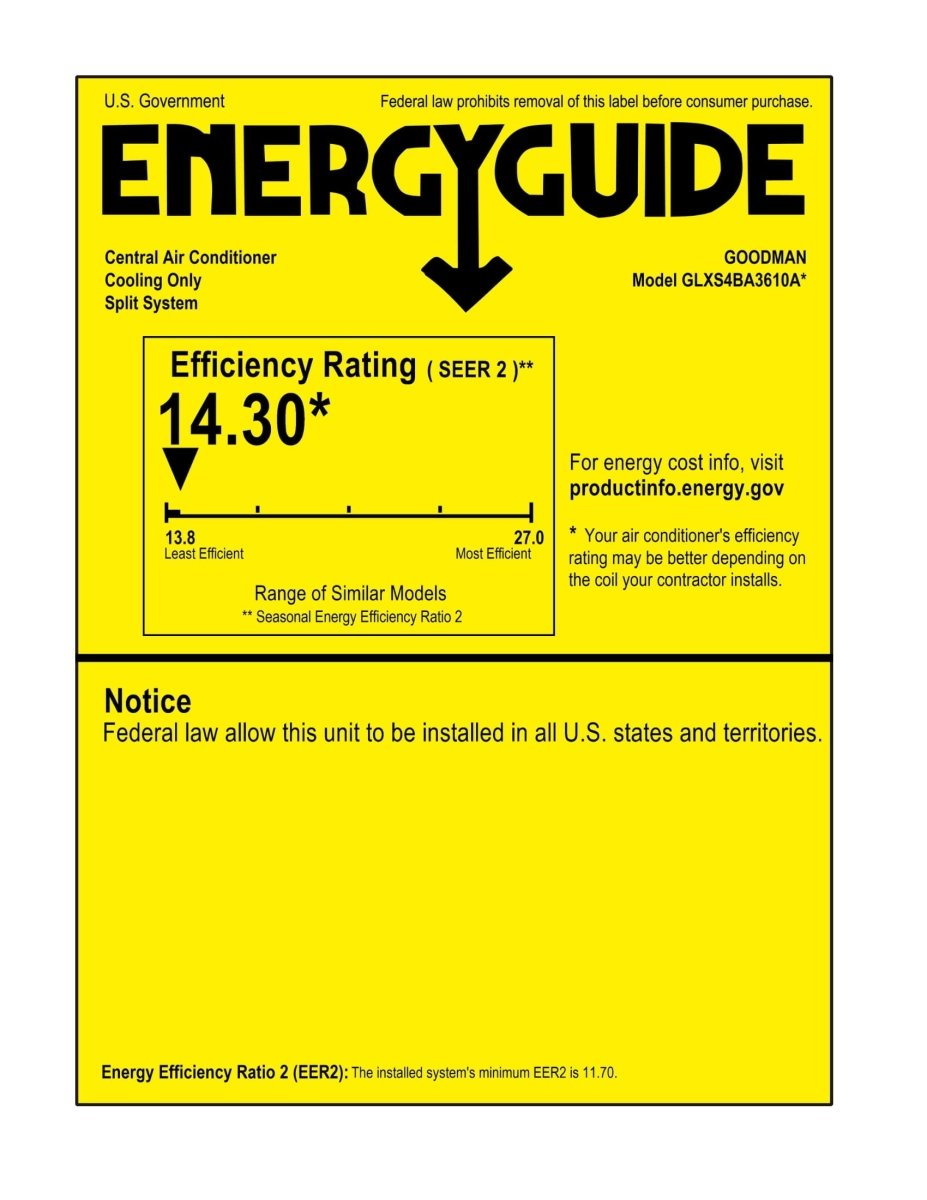 Goodman 3 TON 15.2 SEER2 Horizontal R - 32 AC System with 96% AFUE 80k BTU two stage Low NOx furnace (GLXS4BA3610 condenser with GM9C960804CN furnace and CHPTA3630C3 coil)