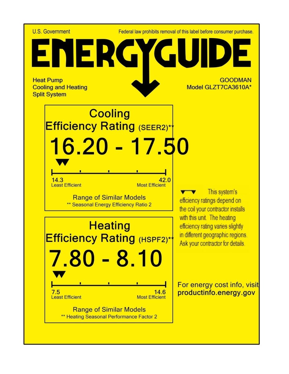 Goodman 3 ton 17.2 SEER2 Heat Pump System with multi - position air handler (GLZT7CA3610 AMVT42CP1300)