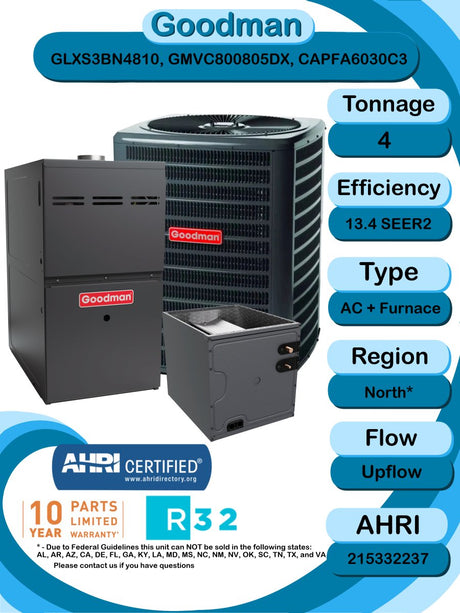 Goodman 4 TON 13.4 SEER2 Upflow R - 32 AC System with 80% AFUE 80k BTU two stage Low NOx furnace (GLXS3BN4810 condenser with GMVC800805DX furnace and CAPFA6030C3 coil)