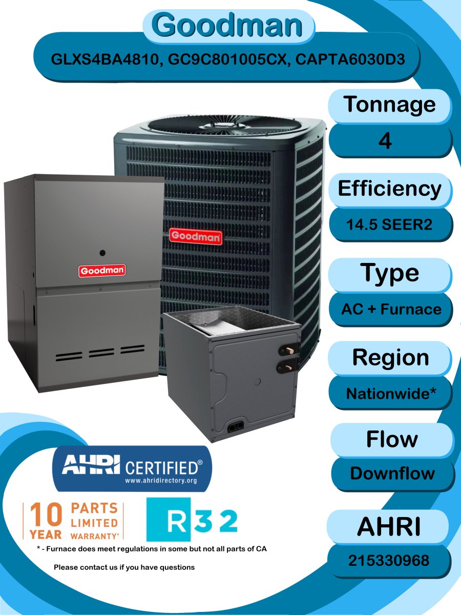 Goodman 4 TON 14.5 SEER2 Downflow R - 32 AC System with 80% AFUE 100k BTU two stage Low NOx furnace (GLXS4BA4810 condenser with GC9C801005CX furnace and CAPTA6030D3 coil)