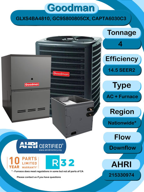 Goodman 4 TON 14.5 SEER2 Downflow R - 32 AC System with 80% AFUE 80k BTU Low NOx furnace (GLXS4BA4810 condenser with GC9S800805CX furnace and CAPTA6030C3 coil)