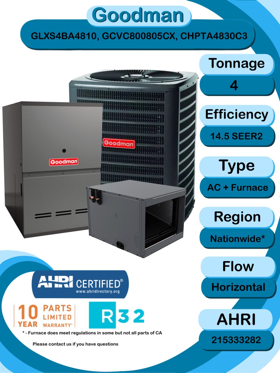 Goodman 4 TON 14.5 SEER2 Horizontal R - 32 AC System with 80% AFUE 80k BTU two stage Low NOx furnace (GLXS4BA4810 condenser with GCVC800805CX furnace and CHPTA4830C3 coil)