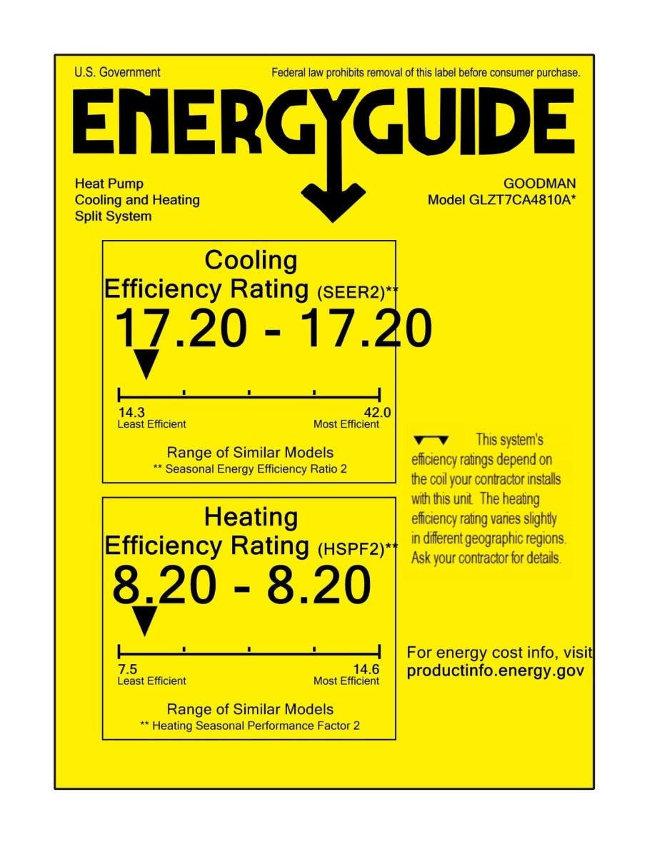 Goodman 4 ton 17.2 SEER2 Heat Pump System with multi - position air handler (GLZT7CA4810 AMVT60DP1300)
